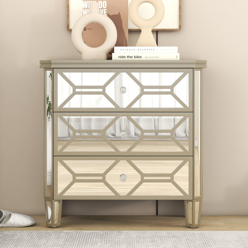 Elegant Mirrored 3-Drawer Chest with Golden LinesStorage Cabinet for Living Room, Hallway, Entryway