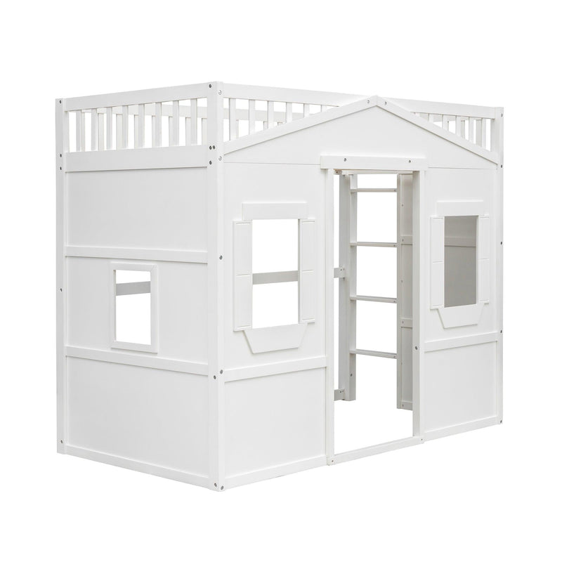 Twin Size House Loft Bed With Ladder-White