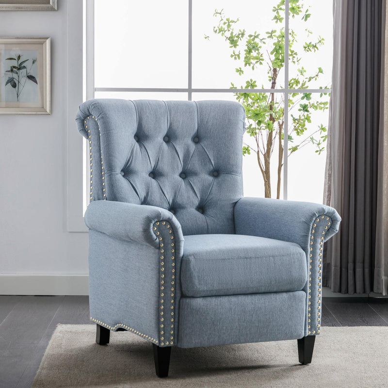 Pushback Linen Tufted Recliner Single Sofa with Nailheads Roll Arm for Living Room, Bedroom, Office, Blue