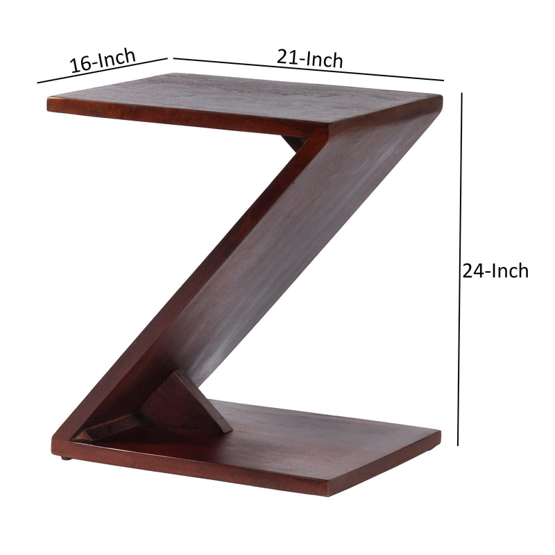 24 Inch Rectangular ManWood Side Table, Z Shaped Frame, Dark Brown
