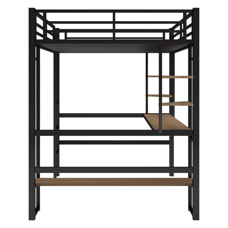 Full Size Loft Metal&MDF Bed with Long Desk and Shelves,Black