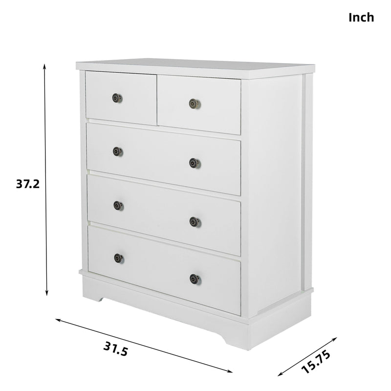 White color 5 drawers chest of drawer,Tallboy for bedroom, wooden cabinet