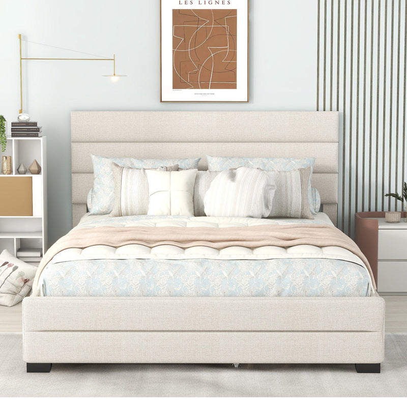 Queen Upholstered Platform Bed with Twin Size Trundle and Two Drawers, Beige - Urban Living Furniture (Los Angeles, CA)