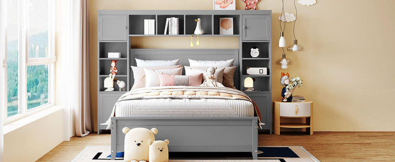 Full Size Wooden Bed With All-in-One Cabinet and Shelf, Gray - Urban Living Furniture (Los Angeles, CA)