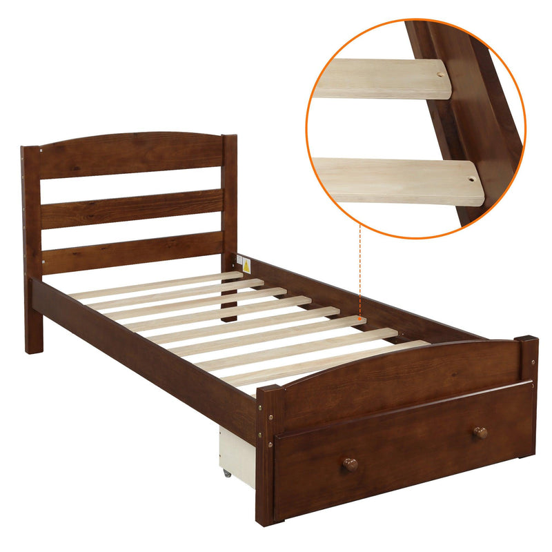 Platform Twin Bed Frame withStorage Drawer and Wood Slat Support No Box Spring Needed, Walnut - Urban Living Furniture (Los Angeles, CA)