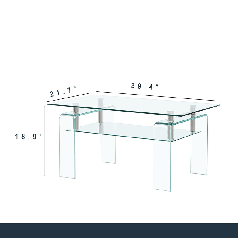 Rectangle Clear Glass Coffee Table,Modern Glass Coffee Table for Living Room, 2-TierStorage Center Coffee Table,Tempered Glass Tea Table