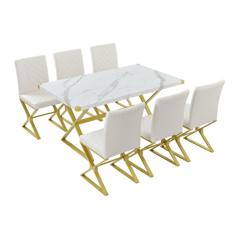 7-PieceModern Dining Table Set, Rectangular Marble Texture Kitchen Table and 6 PU leather Chairs with X-Shaped Gold Steel Pipe Legs for Dining Room (White) - Urban Living Furniture (Los Angeles, CA)