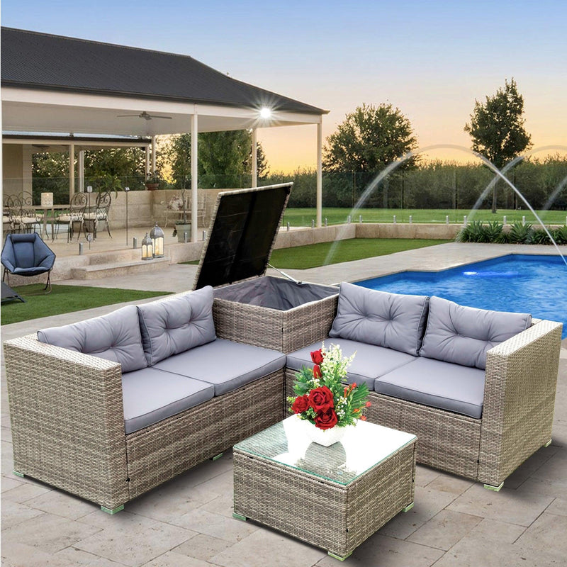 4 Piece Patio Sectional Wicker Rattan Outdoor Furniture Sofa Set withStorage Box Grey - Urban Living Furniture (Los Angeles, CA)