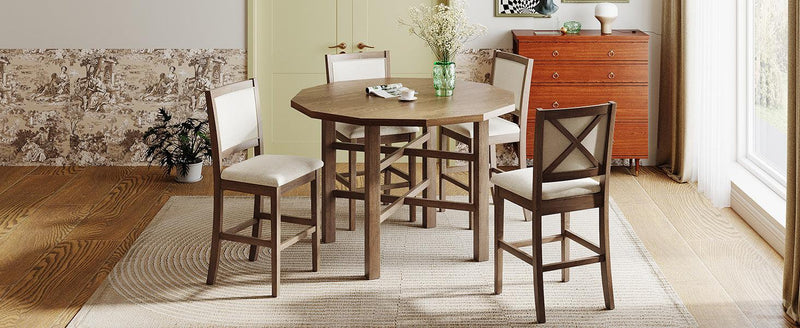 5-Piece Rubber Wood Counter Height Dining Table Set, Irregular Table with 4 High-back Cushioned Chairs for Small Place, Brown - Urban Living Furniture (Los Angeles, CA)