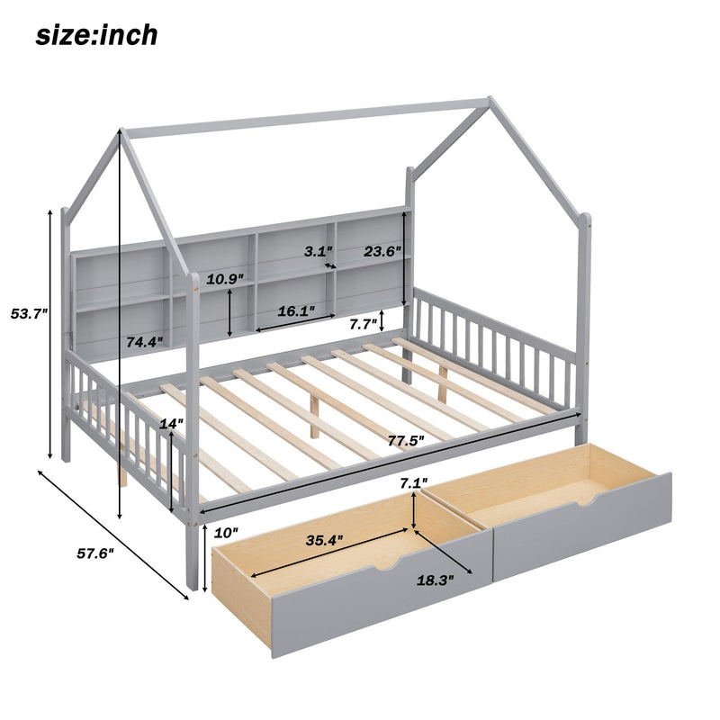 Wooden Full Size House Bed with 2 Drawers,Kids Bed withStorage Shelf, Gray - Urban Living Furniture (Los Angeles, CA)