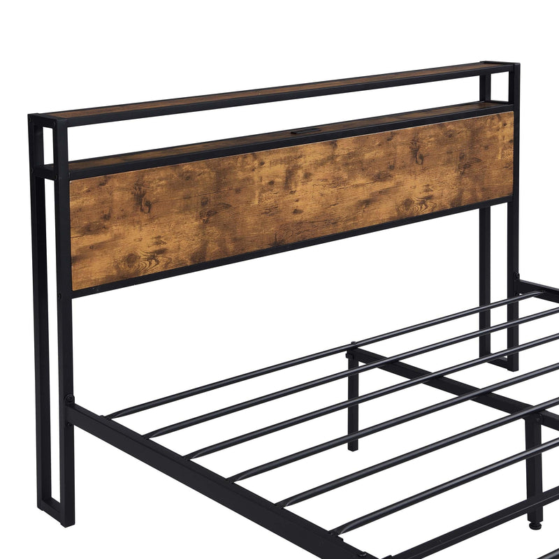 Industrial Queen Bed Frame with LED Lights and 2 USB Ports, Bed Frame Queen Size withStorage, Noise Free, No Box Spring Needed, Rustic Brown - Urban Living Furniture (Los Angeles, CA)