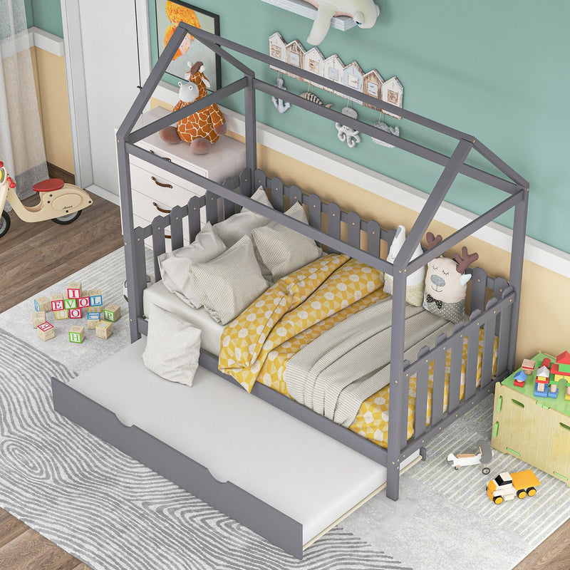 Twin Size House Bed with Trundle, Fence-shaped Guardrail, Gray(New) - Urban Living Furniture (Los Angeles, CA)