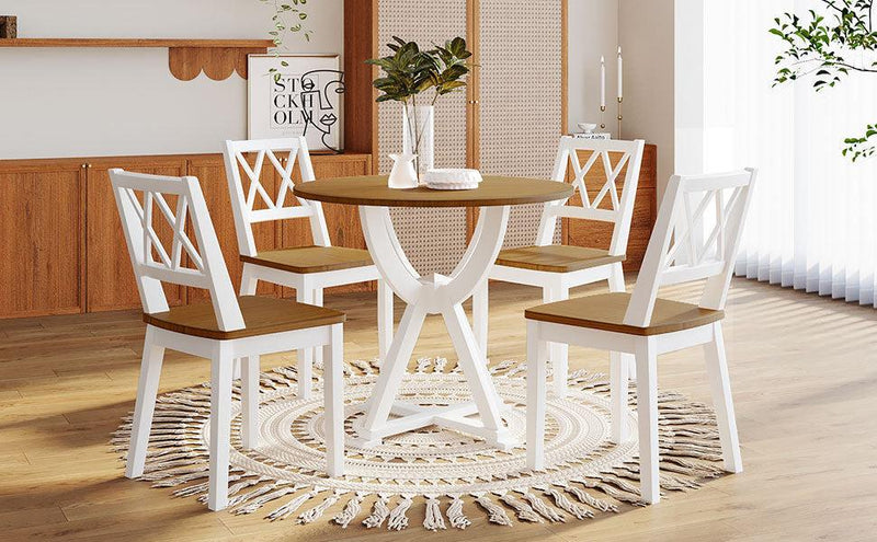 Mid-Century 5-Piece Round Dining Table Set with Trestle Legs and 4 Cross Back Dining Chairs, Antique Oak+White - Urban Living Furniture (Los Angeles, CA)