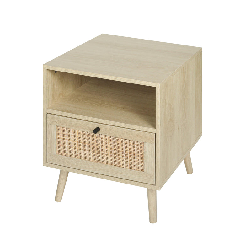 Rattan Nightstand, Wooden Bedside Table End Table for Living Room and Bedroom