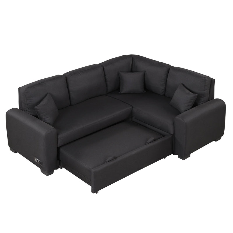 76.7"Sectional Sleeper Sofa with USB Charging Port and Plug Outlet,Pull-Out Sofa Bed with 3 Pillows, L-Shape Chaise for Living Room Small Apartment,Black - Urban Living Furniture (Los Angeles, CA)