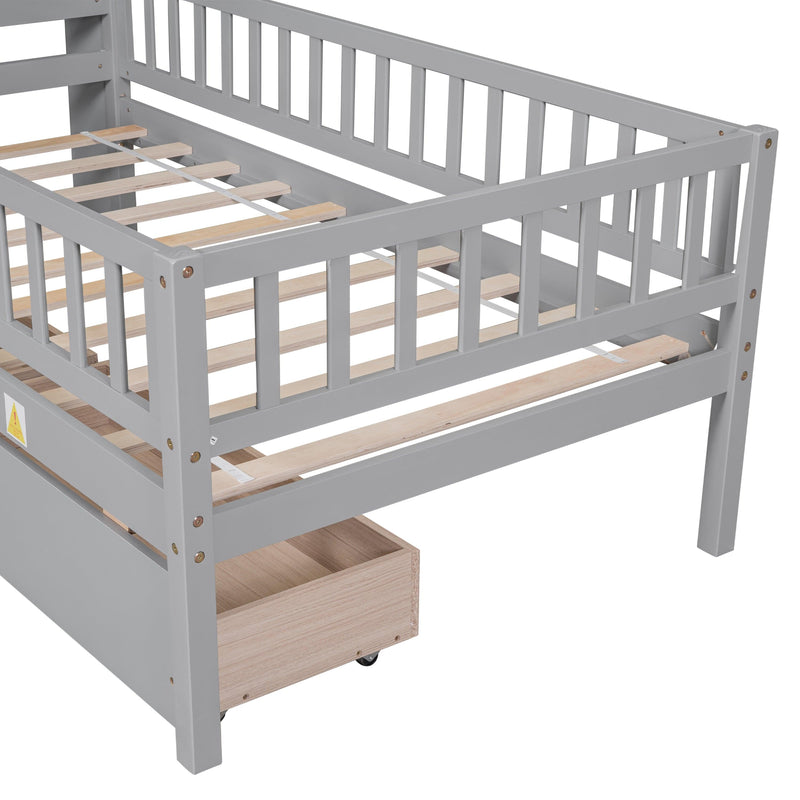 Twin Size House-Shaped Headboard Bed with Fence Guardrails and Drawers ,Gray - Urban Living Furniture (Los Angeles, CA)