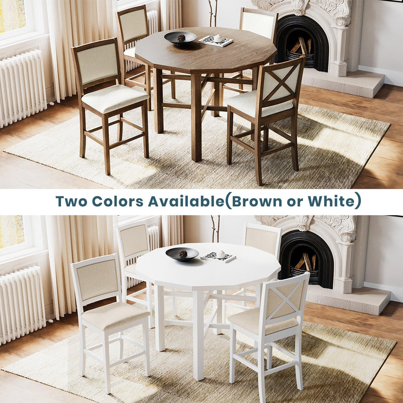 5-Piece Rubber Wood Counter Height Dining Table Set, Irregular Table with 4 High-back Cushioned Chairs for Small Place, White