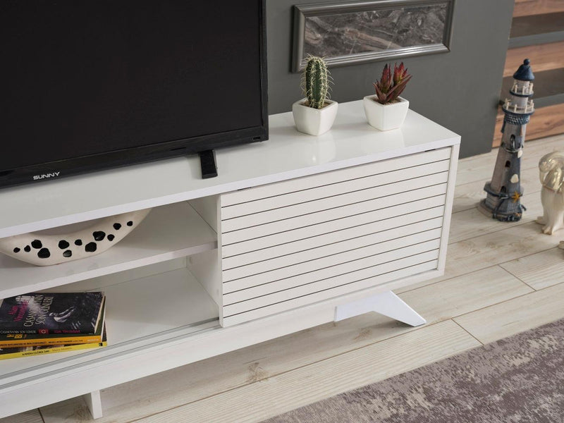 Luxia Mid CenturyModern Tv Stand 2 Sliding Door Cabinet 2 Shelves 67 inch Tv Uni, White