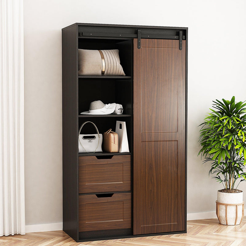 71-inch High wardrobe and cabinet , Clothes Locker，classic sliding barn door armoire, lockers, for bedrooms, cloakrooms, living rooms, color: black +brown