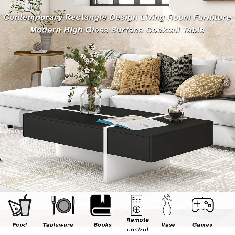 Contemporary Rectangle Design Living Room Furniture,Modern High Gloss Surface Cocktail Table, Center Table for Sofa or Upholstered Chairs，45.2*25.5*13.7in, Black