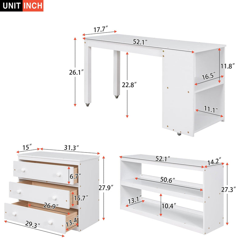 Low Study Full Loft Bed with Cabinet ,Shelves and Rolling Portable Desk ,Multiple Functions Bed- White