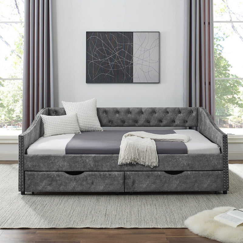 Full Size Daybed with Drawers Upholstered Tufted Sofa Bed, with Button on Back and Copper Nail on Waved Shape Arms，Grey（80.5“x55.5”x27.5“） - Urban Living Furniture (Los Angeles, CA)