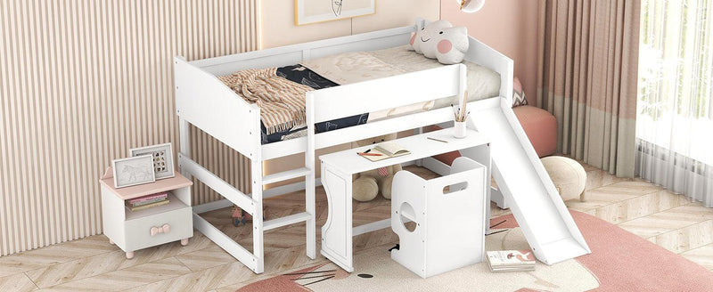 Low Study Twin Loft Bed with Rolling Portable Desk and Chair,Multiple Functions Bed- White - Urban Living Furniture (Los Angeles, CA)