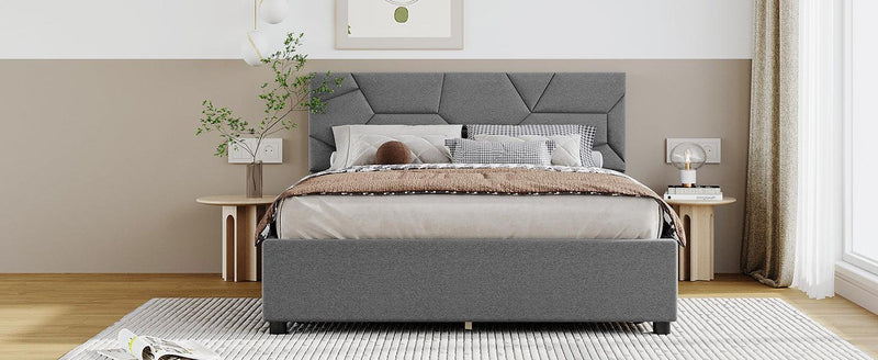 Full Size Upholstered Platform Bed with Brick Pattern Heardboard and 4 Drawers, Linen Fabric, Gray - Urban Living Furniture (Los Angeles, CA)