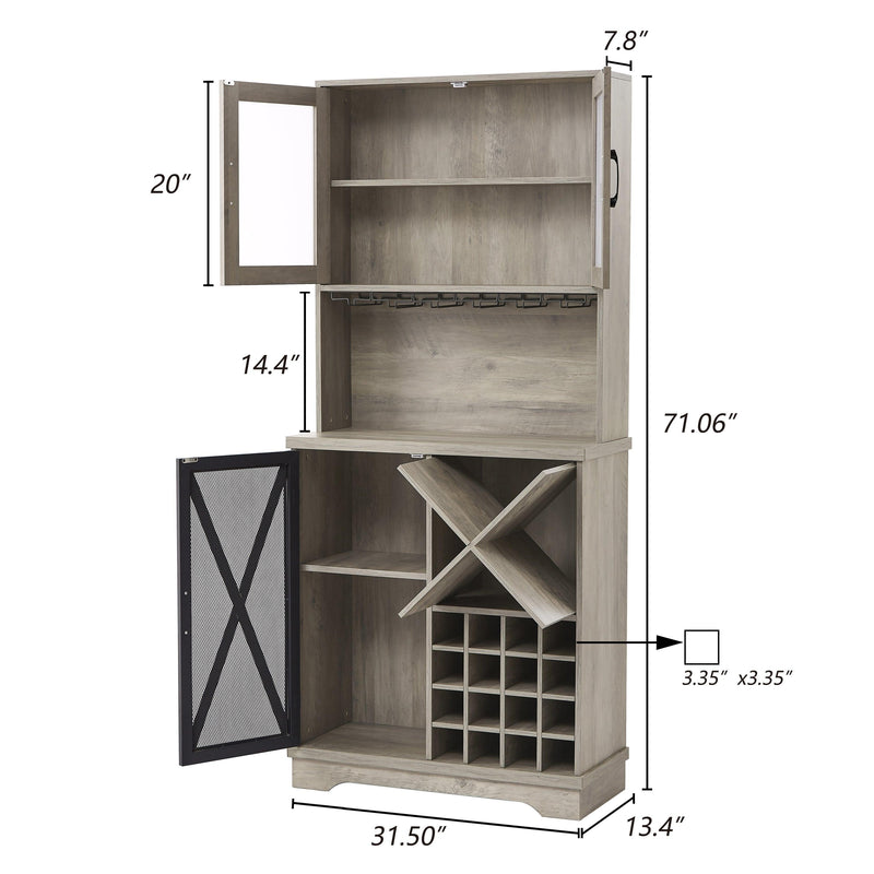 Farmhouse Wine Cabinet , Large Capacity Kitchen SideboardStorage Cabinet With Wine Rack And Glass Holder, Adjustable Shelf And 16 Square Compartments (Gray, 31.50" W*13.4" D*71.06"H) - Urban Living Furniture (Los Angeles, CA)