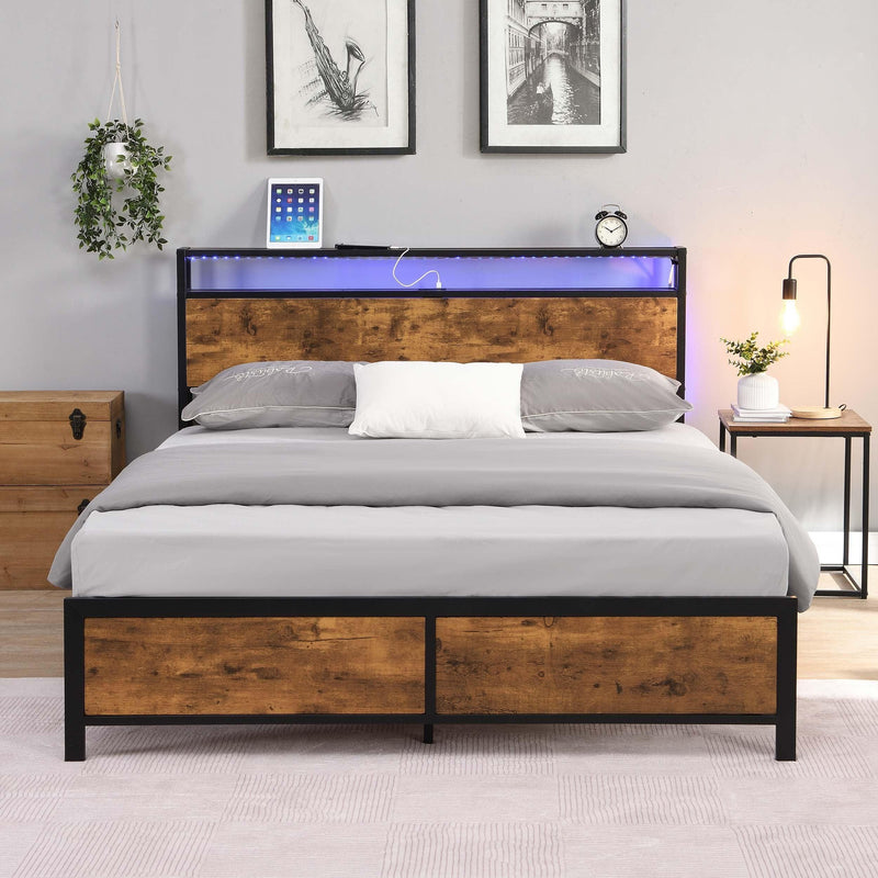 Industrial Queen Bed Frame with LED Lights and 2 USB Ports, Bed Frame Queen Size withStorage, Noise Free, No Box Spring Needed, Rustic Brown - Urban Living Furniture (Los Angeles, CA)