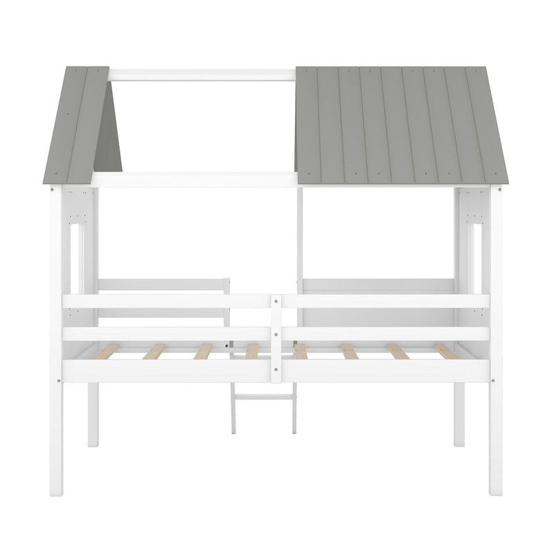 Twin Size Low Loft Wood House Bed with Two Side Windows  (White+Gray) - Urban Living Furniture (Los Angeles, CA)