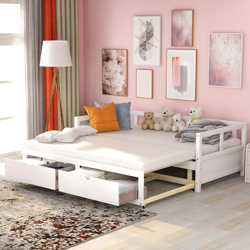 Wooden Daybed with Trundle Bed and TwoStorage Drawers , Extendable Bed Daybed,Sofa Bed for Bedroom Living Room,White
