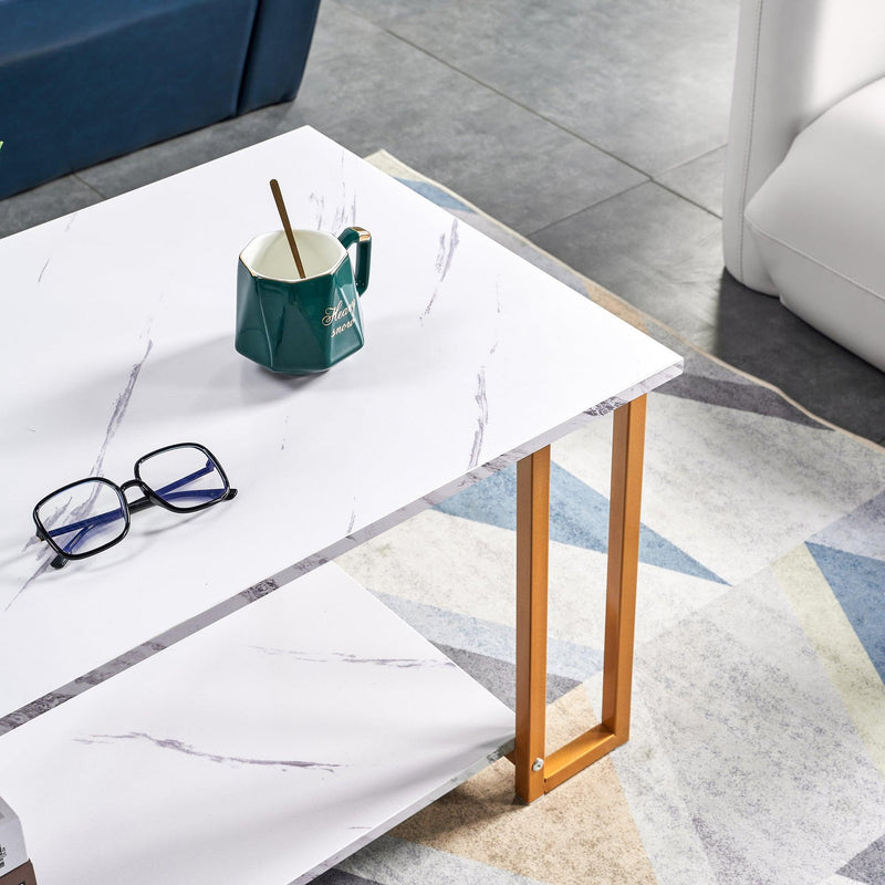 Coffee Table, 2 Layers 1.5cm Thick Marble MDF Rectangle 39.37" L Tabletop Iron Coffee Table , Dining Room, Coffee Shop, Resterant, White Top, ld Leg - Urban Living Furniture (Los Angeles, CA)