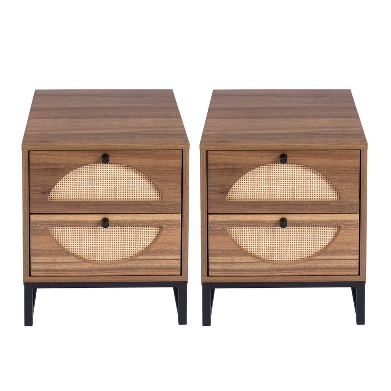 Rattan Nightstand Set of 2, Walnut End Table with 2 Natural Rattan Drawer & Metal Legs