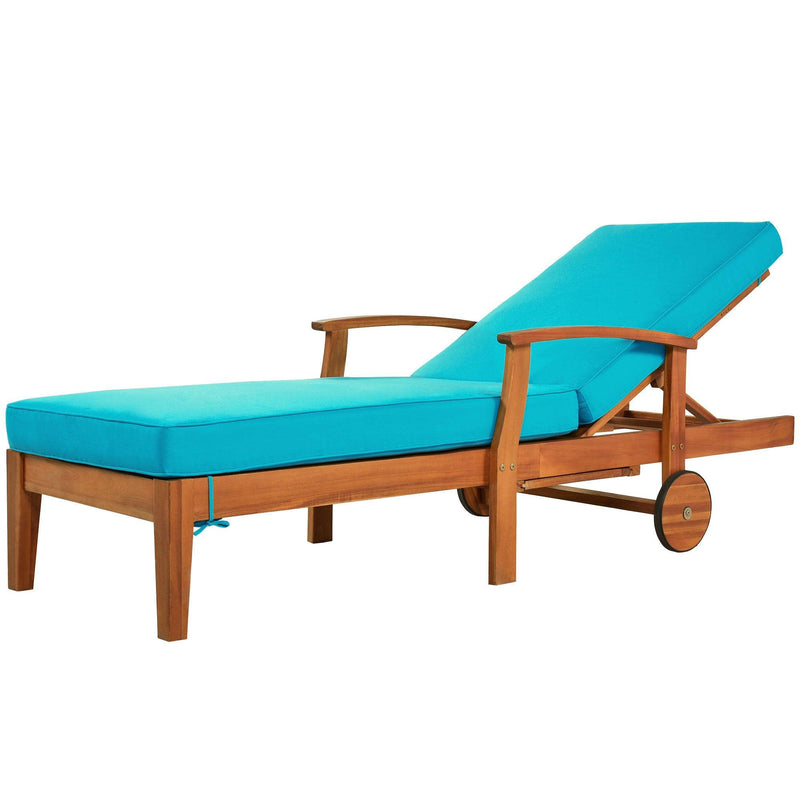 78.8" Outdoor Patio Solid Wood Chaise Lounge Reclining Daybed with Blue Cushion, Wheels and Sliding Cup Table