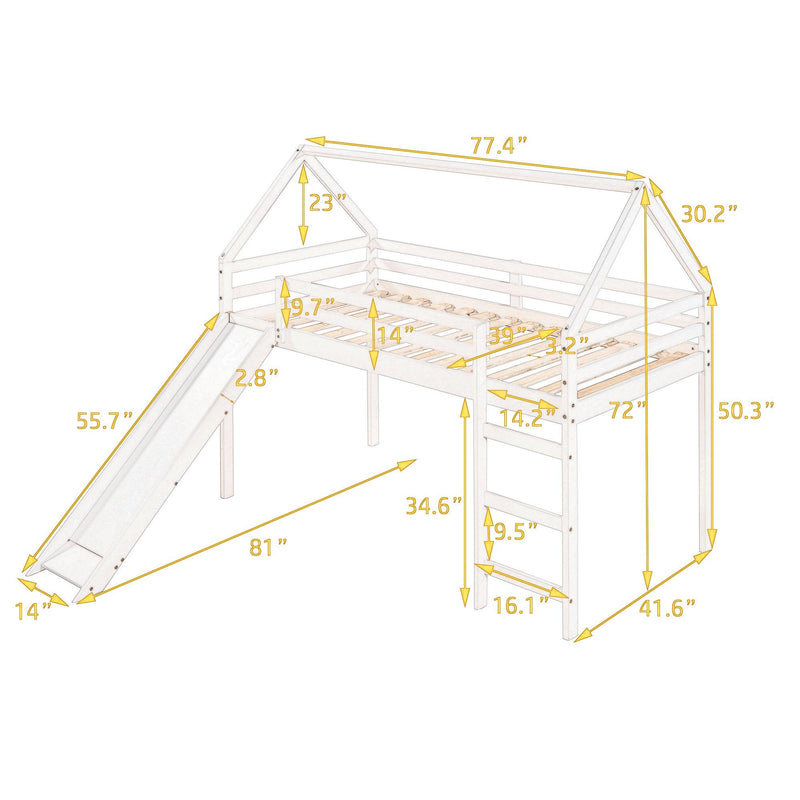 Twin Size Loft Bed with Slide, House Bed with Slide,White - Urban Living Furniture (Los Angeles, CA)