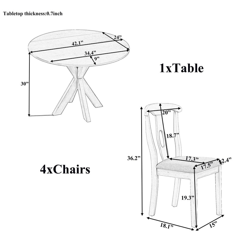 Rustic Farmhouse 5-Piece Wood Round Dining Table Set for 4, Kitchen Furniture with Drop Leaf and 4 Padded Dining Chairs for Small Places, Grey - Urban Living Furniture (Los Angeles, CA)