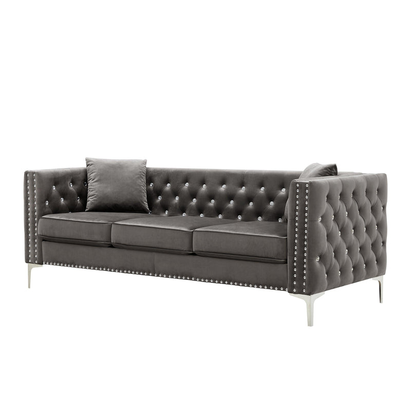 82.3" WidthModern Velvet Sofa Jeweled Buttons Tufted Square Arm Couch Grey,2 Pillows Included - Urban Living Furniture (Los Angeles, CA)