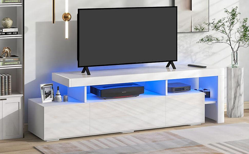 Modern Style 16-colored LED Lights TV Cabinet， UV High Gloss Surface Entertainment Center with DVD Shelf，Up to 70 inch TV, White