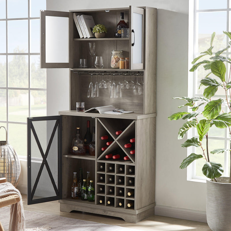 Farmhouse Wine Cabinet , Large Capacity Kitchen SideboardStorage Cabinet With Wine Rack And Glass Holder, Adjustable Shelf And 16 Square Compartments (Gray, 31.50" W*13.4" D*71.06"H) - Urban Living Furniture (Los Angeles, CA)