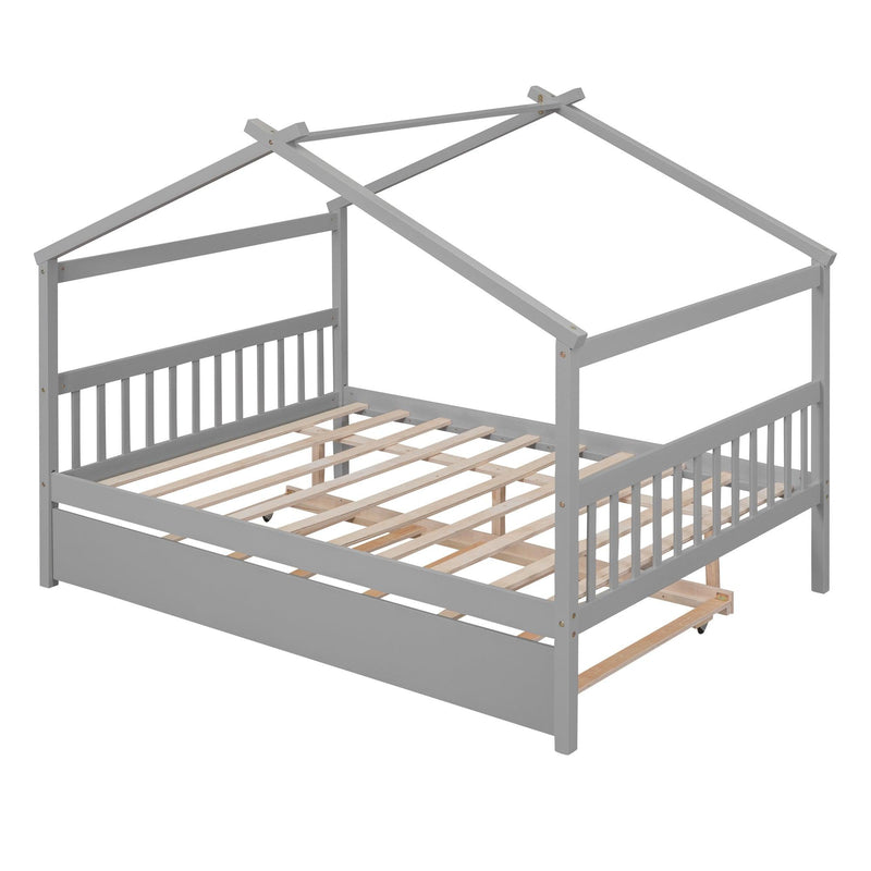 Full Size Wooden House Bed with Twin Size Trundle, Gray - Urban Living Furniture (Los Angeles, CA)