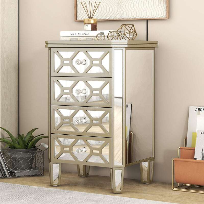 Elegant Mirrored 4-Drawer Chest with Golden LinesStorage Cabinet for Living Room, Hallway, Entryway