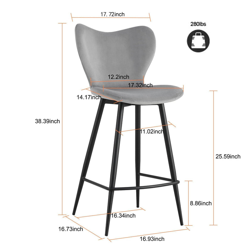 Grey Velvet Chair Barstool Dining Counter Height Chair Set of 2 - Urban Living Furniture (Los Angeles, CA)