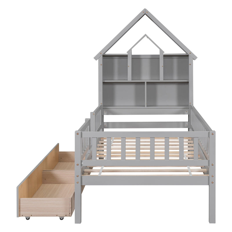 Twin Size House-Shaped Headboard Bed with Fence Guardrails and Drawers ,Gray - Urban Living Furniture (Los Angeles, CA)