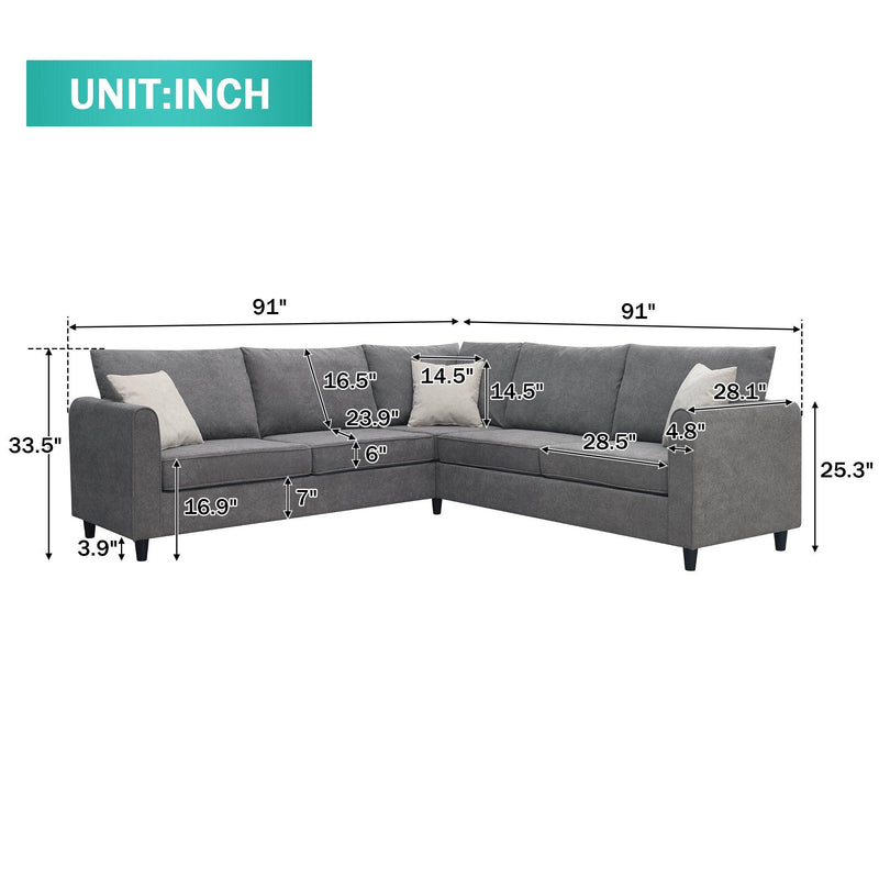 91*91"Modern Upholstered Living Room Sectional Sofa, L Shape Furniture Couch with 3 Pillows - Urban Living Furniture (Los Angeles, CA)