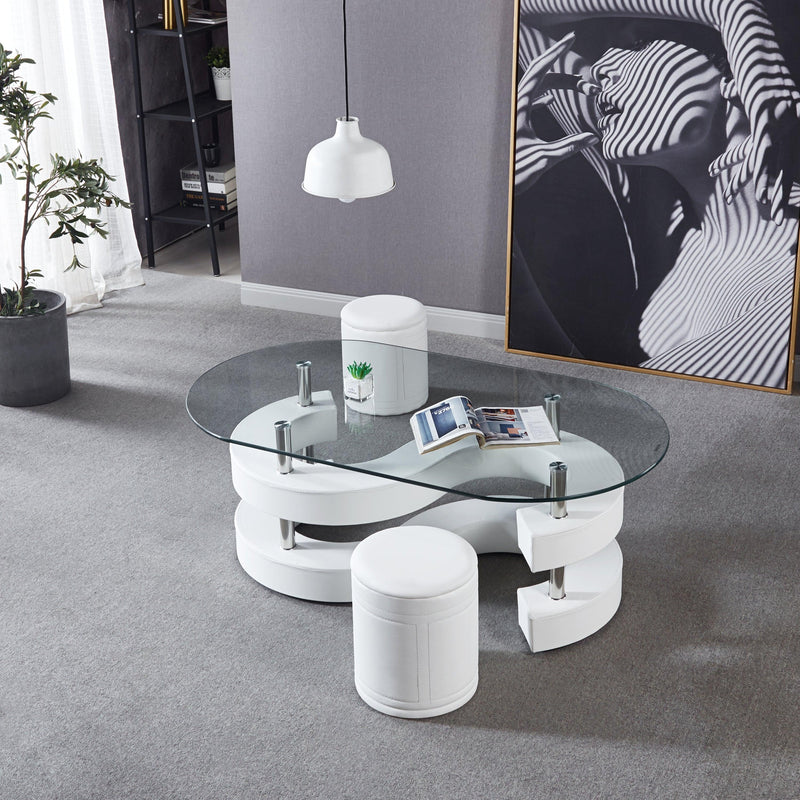 3 Pieces Coffee Table Set, Oval 10mm/0.39" Thick Tempered Glass Table and 2 Leather Stools
