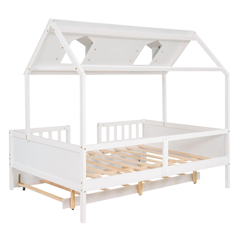 Full Size House Bed Wood Bed with  Twin Size Trundle ( White ) - Urban Living Furniture (Los Angeles, CA)