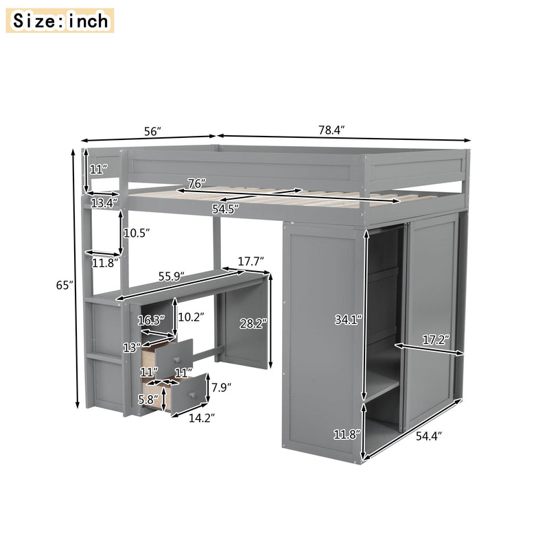 Wood Full Size Loft Bed with Wardrobes and 2-Drawer Desk with Cabinet, Gray