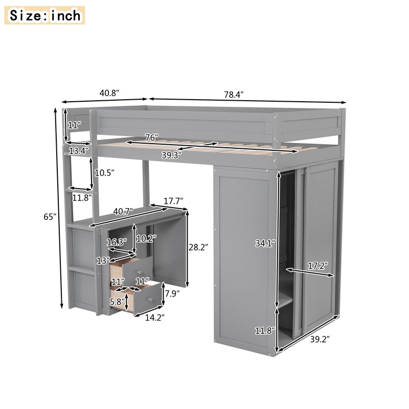 Wood Twin Size Loft Bed with Wardrobes and 2-Drawer Desk with Cabinet, Gray - Urban Living Furniture (Los Angeles, CA)