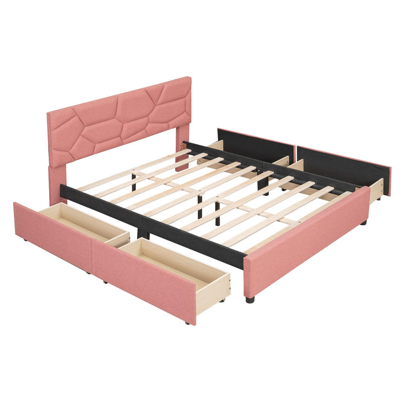 Full Size Upholstered Platform Bed with Brick Pattern Heardboard and 4 Drawers, Linen Fabric, Pink - Urban Living Furniture (Los Angeles, CA)